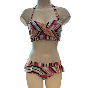 New Kenneth Cole Women's Two Piece Bikini Size Small Colorful Ruffle Halter Top